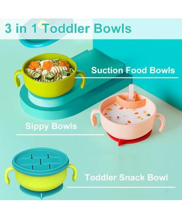 EasyRuir 3 in 1 Baby Bowl with Lid, Straw, and Snack Insert | Suction Toddler Bowl - BPA Free Self-Feeding Training Utensils | Pink - Buy Online on SooperMarket.com