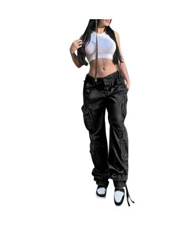 Gufesf Womens Baggy Cargo Pants Low Waist Loose Wide Leg Trousers with Big Pockets Trendy Hippie Streetwear Y2K Clothes Ak-a-black Large