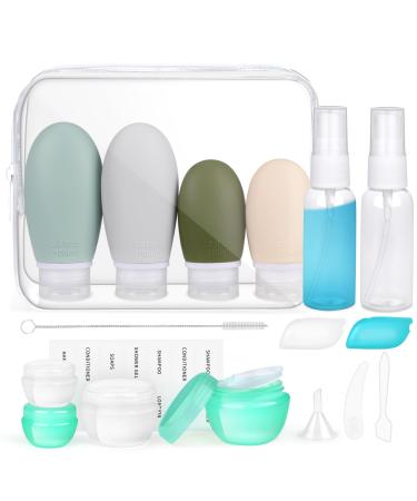 OPRET 18 pieces silicone travel bottles Set 30/60/100ml travel bottles for filling toilet items leakage-proof refillable TSA covered empty cosmetics rice set Reverse size containers BPA-free gray white green green