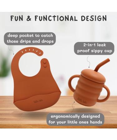 Little Tots 8 Piece Baby Weaning Set | Silicone Suction Plate, Bowl, Bib, Sippy Cup, Straw, Toddler Spoon & Fork, Cutlery | Apricot Orange - Buy Online on SooperMarket.com