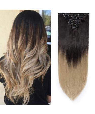 Silk-co 26" 8PCS Hairpiece Clip in Hair Extensions Dark Brown to Ash Blond 100% Synthetic Hair Piece Long Straight for Full Head 26 Inch Straight #Dark Brown to Ash Blond
