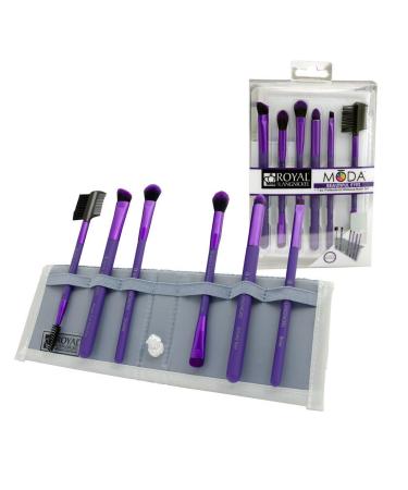 MODA Royal & Langnickel Travel Size Beautiful Eyes 7pc Makeup Brush Set with Pouch Includes - Angle Shader Crease Smudger Eye Shader Smoky Eye Brow Liner and Lash Comb Brushes Purple