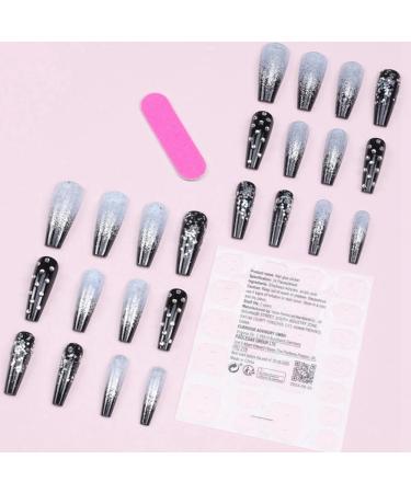 sunroot Black Gradient Applique Diamond False Nails Long Coffin Nail Tips Detachable Press on Nails Glitter Diamond Nails Nail Art - Buy Online on SooperMarket.com