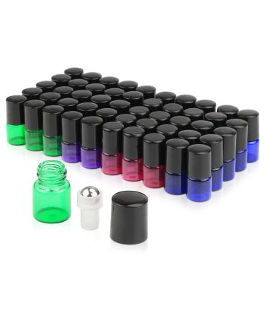 Pack of 50 1ml (1/4 Dram) Glass Roll on Bottle Mixed Color Sample Test Roller Essential Oil Vials Stainless Steel Roller Balls With Black Cap For Aromatherapy Perfume Oils-Pipette included
