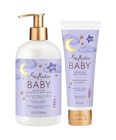 Shea Moisture Baby Care Set Relaxing Nighttime Shampoo & Bath Milk + Nighttime Body Cream for Delicate Skin Manuka Honey & Lavender (2 Piece Set)
