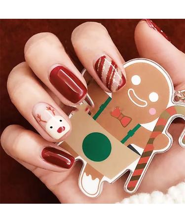 Brishow Christmas False Nails Snow Elk Press on Nails Red Stick on Nails Short Square Fake Nails Full Cover 24pcs for Women and Girls (8)