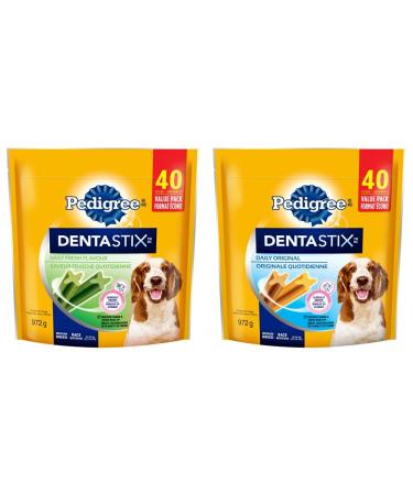 PEDIGREE DENTASTIX Oral Care Adult Dog Treats for Medium Dogs - Fresh Flavour (40 Sticks) + Original (40 Sticks) Fresh 40 Count (Pack of 2) Treats + Treats for Medium Dogs - Original