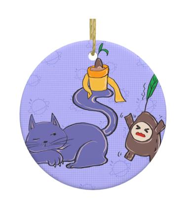 YYHHAOFA Sunflower Seeds and Cats Picture Christmas Ceramic Round Pendant Decoration - Festive Hanging Ornament for Stores and Homes -2.9 in