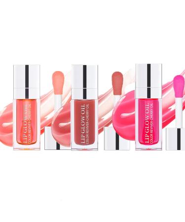 3 Pcs Plumping Lip Oil  Hydrating Lip Gloss Tinted Lip Balm Lip Care Transparent Toot Lip Oil  Long Lasting Nourishing Lip Glow Oil Non-sticky Big Brush Glitter Shine Primer Lip Tint (001Pink + 012Rosewood + 015Cherry Re...