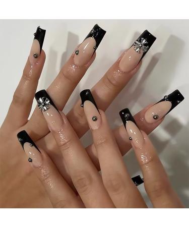 MISUD Long Press on Nails Coffin Fake Nails Glossy False Nails French Tip Glue on Nails Ballerina Rhinestone Acrylic Nails for Women and Girls 24Pcs 01-HHH