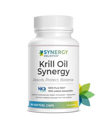Synergy Holistics | Krill Oil Synergy - 100% Pure NKO Krill Oil Omega 3 - 2000mg per Serving with 6mg Added Astaxanthin - Supports Cardiovascular Health - Helps Reduce Osteoarthritis Pain & PMS Symptoms - EPA & DHA 90 Softgels