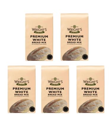 Wright's Premium White Bread Mix 500g X 5 Pack High in Fibre For Machine or Hand Baking Simply Add Water Baking Success Guaranteed Suitable for Vegetarians