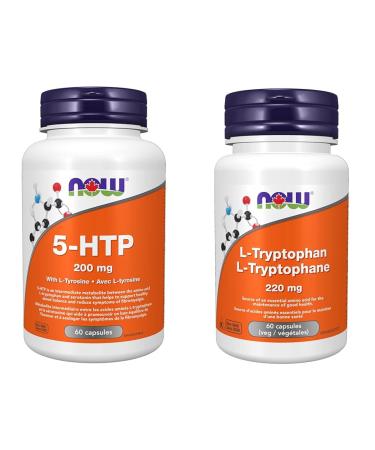 NOW Supplements 5-HTP (5-Hydroxytryptophan) 200mg Plus Tyrosine Capsules 60 Count & Supplememts L-Tryptophan 220mg Capsules 60 Count 5-HTP+ 220mg Capsules