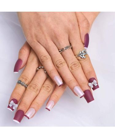 Sethexy Purple Sparkle Bowknot False Nails - 24 Pcs Acrylic Short Square Nail Art Tips for Women & Girls - Complete Cover - Buy Online on SooperMarket.com