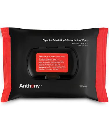 Anthony Glycolic Exfoliating & Resurfacing Wipes - Men's Cleansing Face Cloths - Gentle Pore Refining for Normal, Oily, or Sensitive Skin - 30 Sheets/Bag (Pack of 2) - Buy Online on SooperMarket.com