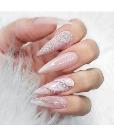 MISUD Press on Nails Stiletto Fake Nails Long Ombre False Nails with Glue Glossy Glitter French Tip Nails Full Cover Acrylic Nails (24Pcs 1 Glue) MS013-12