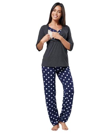HAPPY MAMA. Women's Maternity Top Nursing Breastfeeding Pyjamas Nightwear. 060p 12 Navy With Dots