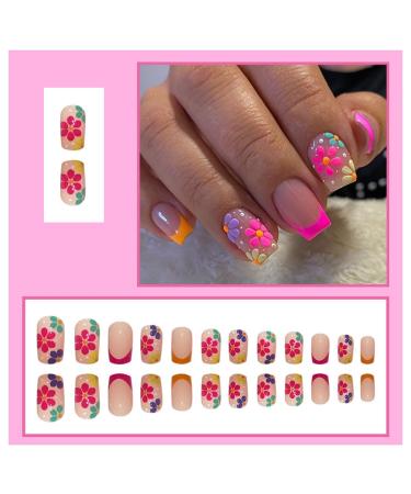 24 Pcs Medium Square French Fake Nails | Acrylic Colorful Flower Designs | Glossy Full Cover False Nails | Manicure Decorations for Women and Girls - Buy Online on SooperMarket.com