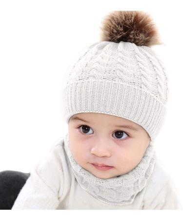 CheChury Toddler Hat and Scarf Set - Baby Knit Pom Beanie Cap with Circle Loop Scarf - White, 1-3 Years - Buy Online on SooperMarket.com
