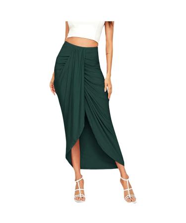 Sanahy Women's Casual Slit Wrap Asymmetrical Elastic High Waist Maxi Draped Skirt Casual Boho Summer Beach Midi Wrap Skirts Green XXL