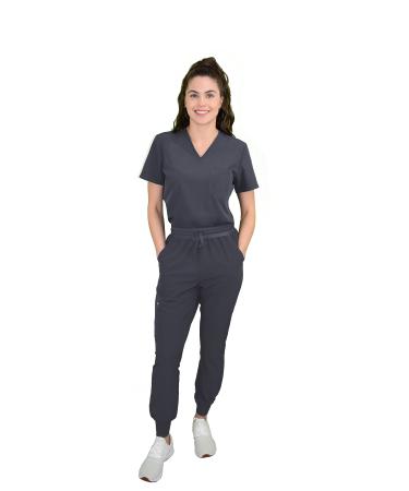Green Town Women's V-Neck Tuck-In Top/Slim Fit Jogger Yoga Pant Scrub Set Medical Nursing GT 4FLEX Top and Pant Medium Pewter