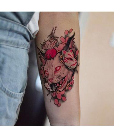 Oottati 2 Sheets Waterproof Temporary Tattoo Stickers - Pink Japanese Mask & Canadian Hairless Cat Skull Design for Arm, Thigh, Leg - Perfect for Leg, Back, Thigh - Buy Online on SooperMarket.com