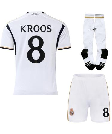PraiseLight R. Madrid Toni Kroos #8 Home Kids Jersey 2023/2024 Soccer Shorts Socks Set Youth Size 26 (8-9 years) White