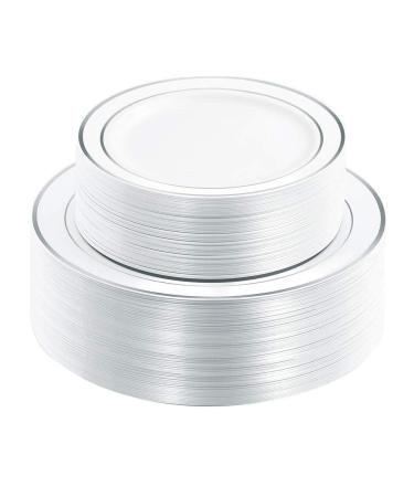 I00000 102pcs Silver Plastic Plates, Disposable Plastic Party Plates with White Silver Rim Heavy Duty Fancy Wedding Party Plates Include 51 Dinner Plates 10.25" and 51 Dessert Appetizer Plates 7.5"