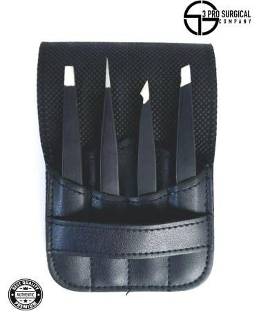Professional 4-Piece Surgical Tweezers Set with Case - Slant and Pointed Tips for Eyebrows, Ingrown Hair Removal - Ideal for Women and Men - Buy Online on SooperMarket.com