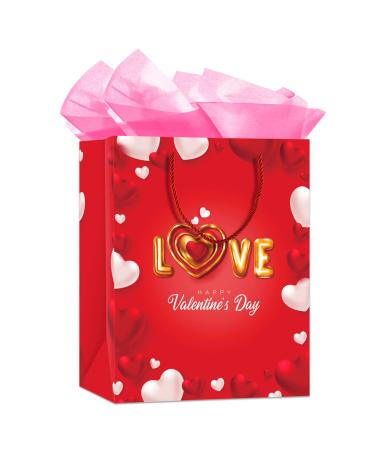 WhatSign Valentine Gift Bags Happy Valentines Day Gift Bags with Handles 11.5" Valentine's Paper Gifts Bags with Tissue Paper Valentines Gifts Bags for Her Him Girlfriend Boyfriend Wife Husband Women Pink Red