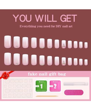 24 Pcs Pink Press-On Nails - Short Bling Glam Square with Diamond & Glitter Rhinestones | Glossy Fake Nails for Women & Girls - Buy Online on SooperMarket.com
