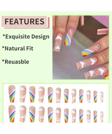 RUNRAYAY Rainbow French Long Fake Nail Press on False Nails with Charms - 24Pcs - Buy Online on SooperMarket.com