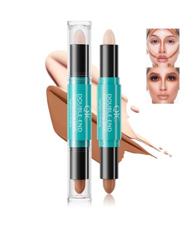 HOSAILY 2 Colors Double Head Contour Stick Highlighter Concealer Pen 2 in 1 Bronzer Contouring Highlight Stick Waterproof Cream Contour Stick Face Brighten Facial Shape Makeup Pencil 02#