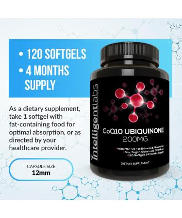 Intelligent Labs CoQ10 Ubiquinone 200mg Softgels | Coenzyme Q10 with MCT Oil for Max Absorption | Soy Sugar Gluten and GMO-Free | 120 Servings | 4 Months Supply - Buy Online on SooperMarket.com