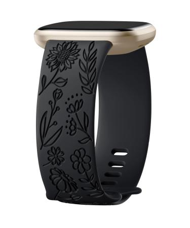 Oielai sunflower engraved bracelet compatible with Fitbit Versa 3/Fitbit Versa 4/Fitbit Sense/Fitbit Sense 2 bracelet Women soft sports silicone replacement wristband for Versa 3/Verse 2/Sense Black S 4.7 ''-7.