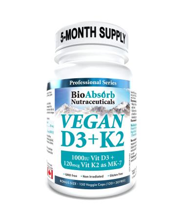 Vegan Vitamin D3 1000 IU + Vitamin K2 MK-7 Form (120 mcg). 150-Day Supply 150 Vegetarian Capsules