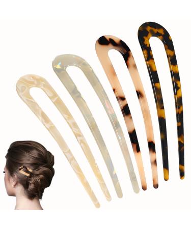 French Style Hair Pins 4 Pack U Shaped Hairpin Cellulose Acetate Tortoise Shell Hair Fork Sticks for Long Classic Acetate Forks Bun Hair Pins Clips Hair Hair Accessories for Women