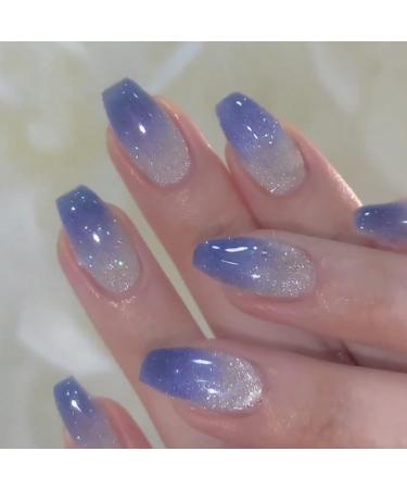 Hkanlre Bling Coffin Press on Nails Fake Nails Tips Full Cover Medium False Gradient Nails for Women and Girls 24PCS (Blue gradient bling)