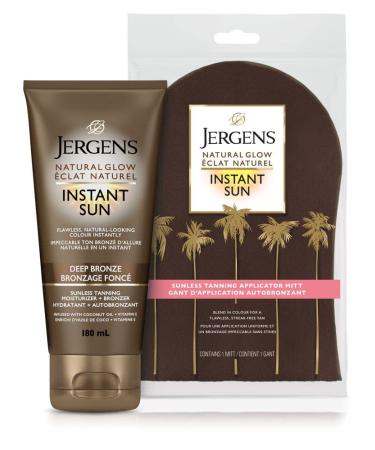 Self Tanner & Tanning Mitt Kit | Jergens Natural Glow Moisturizer & Bronzer (Deep Bronze) + Applicator Mitt for Flawless Natural Looking Colour