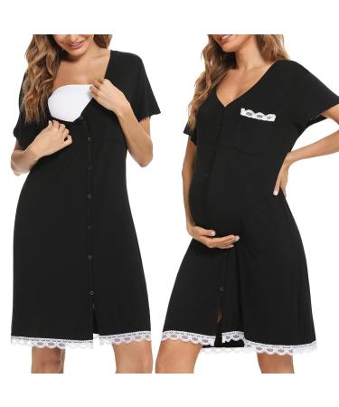 Uniexcosm Maternity Nursing Nightdress Women's Short Sleeve Nightwear Soft Button Down Nightgown Stripe Sleepwear Maternity Pyjamas Nightshirt Black XXL