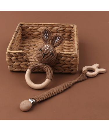 TIAN-K 3pcs Baby Shower Gift Set | Pacifier Chain Wooden Teether & Animal Rattle for Newborns - Buy Online on SooperMarket.com