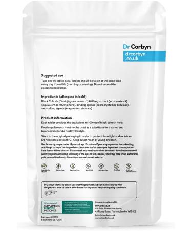 Dr Corbyn Black Cohosh 100mg with Magnesium 200mg (360 Tablets) | Menopause Support | High-Strength 1-a-Day Black Cohosh & Magnesium Tablets | Vegan & UK Made 360 Count (Pack of 1) - Buy Online on SooperMarket.com
