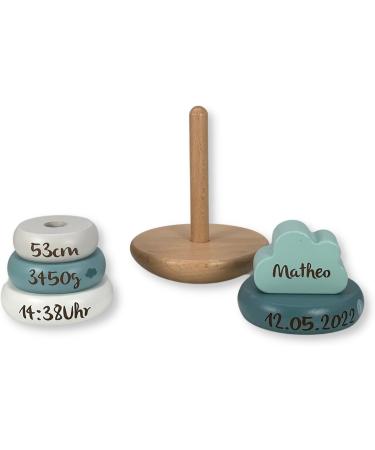 Personalized Mint Label Stacking Tower | Handmade Baby Wooden Toys for Birth & Baptism Gifts - Buy Online on SooperMarket.com