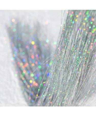 Hair Tinsel Extensions 1200 Strads Fairy Holographic Sparkle Woman Hair Glitter Synthetic Tinsel Straight Hair Accessories for Women Girls Hair Decoration (Silver) 1200 1200 Silver