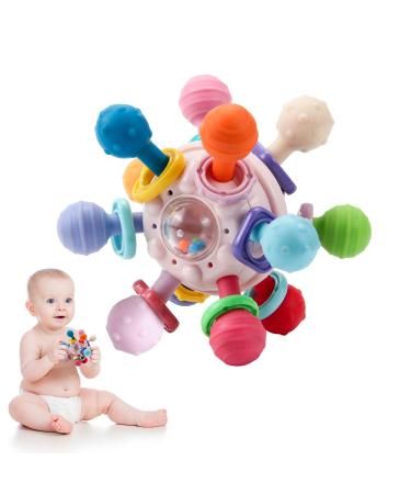 MyDova bite toys baby baby toy 0 3 6 9 months bite ring made of silicone bpa-free gripping ball rattles toy flexible and easy to reach baby gift for boys and girls (pink)