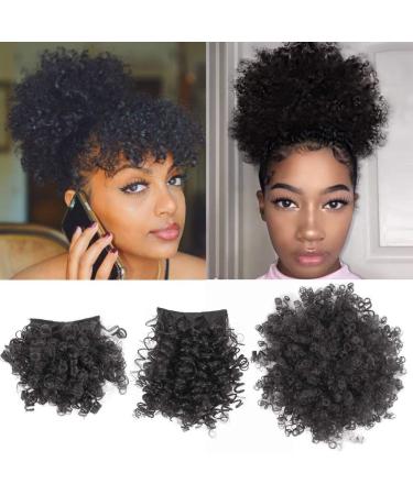 Allyreetress Afro Puff Drawstring Ponytail with Bangs Pineapple Updo Hair for Black Women Short Kinky Curly Ponytail Bun with 2 Replaceable Bangs(1B-Black) 3 Piece Set 1B
