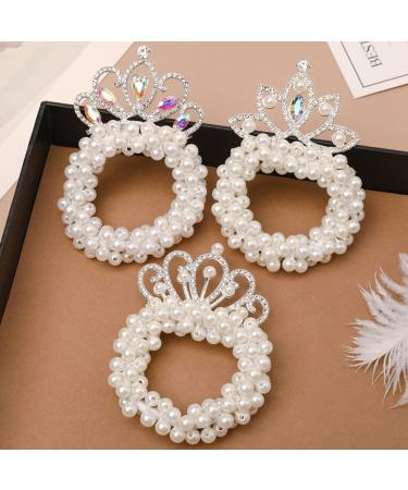 White Pearl Crown Hair Ties Set - 7 Pcs Elastic Hair Scrunchies with Beaded Ponytail Holder for Women and Girls - Buy Online on SooperMarket.com