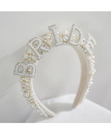 Sweetv Pearl Bride Headband for Wedding - Handmade Rhinestone Bridal Hair Accessories - Bachelorette Party Decorations and Bride to Be Headband - White - Buy Online on SooperMarket.com