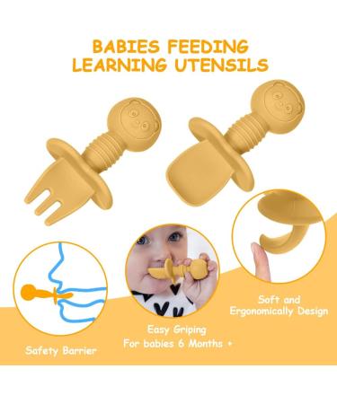 Vicloon Baby Fork and Spoon Set - 4Pcs Silicone Self Feeding Utensil for Easy Grip | Toddler Cutlery Kit for Infant & Children | First Led Training & Weaning Spoons - Apricot Yellow - Buy Online on SooperMarket.com