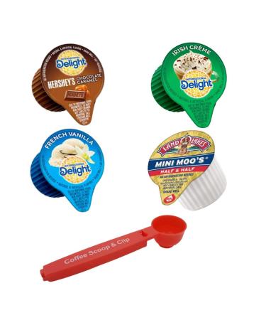 International Delight Creamer Singles - Bulk Coffee Creamer 96 Count - 4 Flavor Variety Pack - French Vanilla Irish Creme Hersheys Chocolate Caramel Mini Moos Half And Half 24 Mini Coffee Creamers Of Each Flavor. Includes Coffee Scoop/Bag Clip